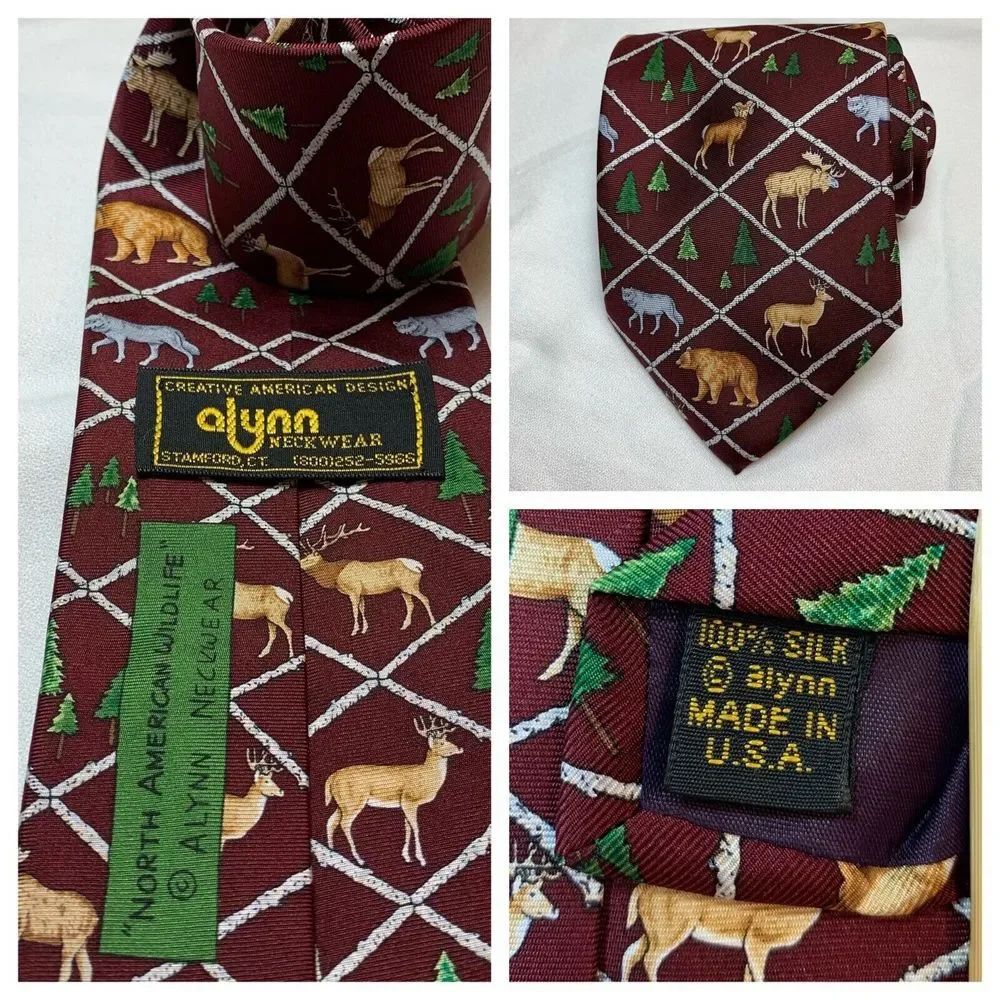 Alynn Neckwear North American Wildlife Necktie Tie Silk USA Bear Wolf Moose Deer